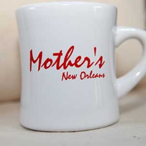 white mug with Mother's New Orleans' red print
