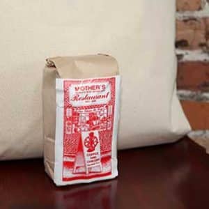 brown small coffee bag with Mothers restaurant red print